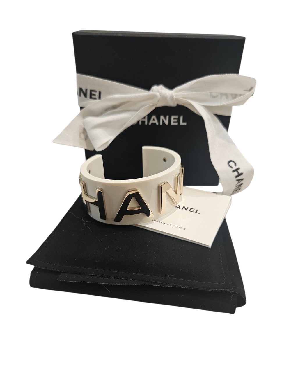 Chanel White Resin Gold Letter Cuff Bracelet 2019 Spring Collection